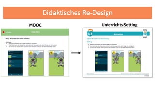 Didaktisches Re-Design
1. Erstellung eines Arbeitsplans
2. Übernahme von geeigneten Materialien
3. Anpassung des Formats
4. Erstellung von Arbeitsblättern
5. Einführung eines Punktesystems (nach Vorbild von Fößl)
 