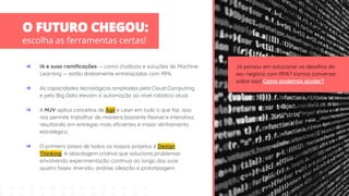 escolha as ferramentas certas!
➔ IA e suas ramiﬁcações — como chatbots e soluções de Machine
Learning — estão diretamente entrelaçadas com RPA.
➔ As capacidades tecnológicas ampliadas pela Cloud Computing
e pelo Big Data elevam a automação ao nível robótico atual.
➔ A MJV aplica conceitos de Ágil e Lean em tudo o que faz. Isso
nos permite trabalhar de maneira bastante ﬂexível e interativa,
resultando em entregas mais eﬁcientes e maior alinhamento
estratégico.
➔ O primeiro passo de todos os nossos projetos é Design
Thinking. A abordagem criativa que soluciona problemas
envolvendo experimentação contínua ao longo das suas
quatro fases: imersão, análise, ideação e prototipagem.
Já pensou em solucionar os desaﬁos do
seu negócio com RPA? Vamos conversar
sobre isso! Como podemos ajudar?
 