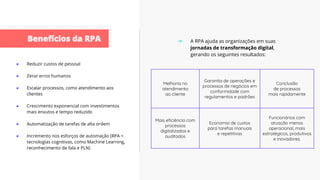 ● Reduzir custos de pessoal
● Zerar erros humanos
● Escalar processos, como atendimento aos
clientes
● Crescimento exponencial com investimentos
mais enxutos e tempo reduzido
● Automatização de tarefas de alta ordem
● Incremento nos esforços de automação (RPA +
tecnologias cognitivas, como Machine Learning,
reconhecimento de fala e PLN)
➔ A RPA ajuda as organizações em suas
jornadas de transformação digital,
gerando os seguintes resultados:
Melhoria no
atendimento
ao cliente
Garantia de operações e
processos de negócios em
conformidade com
regulamentos e padrões
Conclusão
de processos
mais rapidamente
Mais eﬁciência com
processos
digitalizados e
auditados
Economia de custos
para tarefas manuais
e repetitivas
Funcionários com
atuação menos
operacional, mais
estratégicos, produtivos
e inovadores.
 