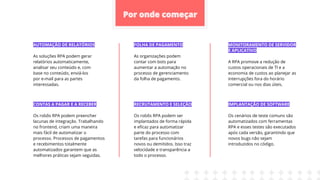 AUTOMAÇÃO DE RELATÓRIOS
As soluções RPA podem gerar
relatórios automaticamente,
analisar seu conteúdo e, com
base no conteúdo, enviá-los
por e-mail para as partes
interessadas.
CONTAS A PAGAR E A RECEBER
Os robôs RPA podem preencher
lacunas de integração. Trabalhando
no frontend, criam uma maneira
mais fácil de automatizar o
processo. Processos de pagamentos
e recebimentos totalmente
automatizados garantem que as
melhores práticas sejam seguidas.
FOLHA DE PAGAMENTO
As organizações podem
contar com bots para
aumentar a automação no
processo de gerenciamento
da folha de pagamento.
RECRUTAMENTO E SELEÇÃO
Os robôs RPA podem ser
implantados de forma rápida
e eﬁcaz para automatizar
parte do processo com
tarefas para funcionários
novos ou demitidos. Isso traz
velocidade e transparência a
todo o processo.
MONITORAMENTO DE SERVIDOR
E APLICATIVO
A RPA promove a redução de
custos operacionais de TI e a
economia de custos ao planejar as
interrupções fora do horário
comercial ou nos dias úteis.
IMPLANTAÇÃO DE SOFTWARE
Os cenários de teste comuns são
automatizados com ferramentas
RPA e esses testes são executados
após cada versão, garantindo que
novos bugs não sejam
introduzidos no código.
 