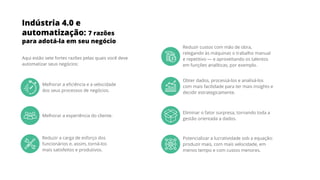 Indústria 4.0 e
automatização: 7 razões
para adotá-la em seu negócio
Aqui estão sete fortes razões pelas quais você deve
automatizar seus negócios:
Melhorar a eﬁciência e a velocidade
dos seus processos de negócios.
Melhorar a experiência do cliente.
Reduzir a carga de esforço dos
funcionários e, assim, torná-los
mais satisfeitos e produtivos.
Reduzir custos com mão de obra,
relegando às máquinas o trabalho manual
e repetitivo — e aproveitando os talentos
em funções analíticas, por exemplo.
Obter dados, processá-los e analisá-los
com mais facilidade para ter mais insights e
decidir estrategicamente.
Eliminar o fator surpresa, tornando toda a
gestão orientada a dados.
Potencializar a lucratividade sob a equação:
produzir mais, com mais velocidade, em
menos tempo e com custos menores.
 