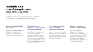 Indústria 4.0 e
transformação: o que
fazer para acompanhar
Como guiar a mudança organizacional para a Indústria
4.0 de maneira proativa e orientada a resultados.
Avalie as necessidades da
sua empresa
Identiﬁcar áreas de melhoria
é o primeiro passo para
acessar os benefícios da
Quarta Revolução Industrial.
Identiﬁque como a
Indústria 4.0 pode atender
a essas necessidades
Se você já teve que colocar
seu negócio em espera
enquanto aguarda por uma
remessa vital, ou se deseja
aconselhamento adaptado às
suas operações diárias, você
deve considerar a integração
com a Indústria 4.0.
Crie um plano de médio
prazo para adotar
tecnologias disruptivas
A dica é investir em soluções
tecnológicas modulares para
permanecer aberto a novos
desenvolvimentos durante o
período de inovação.
Comece a trabalhar o
mindset da Indústria 4.0
Garanta que seus
colaboradores sejam
instruídos nas operações de
novas tecnologias. Isso só
pode ser ancorado por um
mindset voltado para a
Indústria 4.0, que deve estar
no DNA da empresa.
 