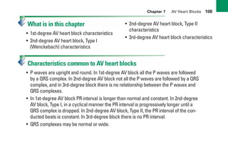 Chapter 7 AV Heart Blocks 108
What is in this chapter
• 1st-degree AV heart block characteristics
• 2nd-degree AV heart block, Type I
(Wenckebach) characteristics
• 2nd-degree AV heart block, Type II
characteristics
• 3rd-degree AV heart block characteristics
Characteristics common to AV heart blocks
• P waves are upright and round. In 1st-degree AV block all the P waves are followed
by a QRS complex. In 2nd-degree AV block not all the P waves are followed by a QRS
complex, and in 3rd-degree block there is no relationship between the P waves and
QRS complexes.
• In 1st-degree AV block PR interval is longer than normal and constant. In 2nd-degree
AV block, Type I, in a cyclical manner the PR interval is progressively longer until a
QRS complex is dropped. In 2nd-degree AV block, Type II, the PR interval of the con-
ducted beats is constant. In 3rd-degree block there is no PR interval.
• QRS complexes may be normal or wide.
sha19766_cp07.indd 108
sha19766_cp07.indd 108 7/24/06 1:59:52 PM
7/24/06 1:59:52 PM
 