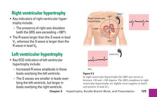 Chapter 9 Hypertrophy, Bundle Branch Block, and Preexcitation 129
Right ventricular hypertrophy
• Key indicators of right ventricular hyper-
trophy include:
∞ The presence of right axis deviation
(with the QRS axis exceeding +100°).
• The R wave larger than the S wave in lead
V1, whereas the S wave is larger than the
R wave in lead V6.
Left ventricular hypertrophy
• Key ECG indicators of left ventricular
hypertrophy include:
∞ Increased R wave amplitude in those
leads overlying the left ventricle.
∞ The S waves are smaller in leads over-
lying the left ventricle, but larger in
leads overlying the right ventricle.
Figure 9-3
In right ventricular hypertrophy the QRS axis moves to
between +90 and +180 degrees. The QRS complexes in right
ventricular hypertrophy are slightly more negative in lead I
and positive in lead aVF.
+
+
+180° 0°
+90°
–90°
Lead I
Lead aVF
Right ventricular
hypertrophy
aVF
M
ean
Q
RS
axis
sha19766_cp09.indd 129
sha19766_cp09.indd 129 7/24/06 2:10:00 PM
7/24/06 2:10:00 PM
 