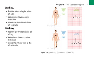 Chapter 1 The Electrocardiogram 14
Lead aVL
• Positive electrode placed on
left arm.
• Waveforms have positive
deflection.
• Views the lateral wall of the
left ventricle.
Lead aVF
• Positive electrode located on
left leg.
• Waveforms have a positive
deflection.
• Views the inferior wall of the
left ventricle.
vie
w
Impulses
moving
toward
the
positive
lead
+
B Lead aVL
Impulses
moving
toward
the
positive
lead
+
C Lead aVF
= Upright
waveforms
v
i
e
w
= Upright or
biphasic
waveforms
Figure 1-9 (a) Lead aVR. (b) Lead aVL. (c) Lead aVF.
sha19766_cp01.indd 14
sha19766_cp01.indd 14 7/24/06 1:19:44 PM
7/24/06 1:19:44 PM
 
