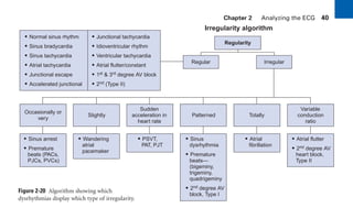 Chapter 2 Analyzing the ECG 40
Regularity
• Normal sinus rhythm
• Sinus bradycardia
• Sinus tachycardia
• Atrial tachycardia
• Junctional escape
• Accelerated junctional
• Junctional tachycardia
• Idioventricular rhythm
• Ventricular tachycardia
• Atrial flutter/constant
• 1st & 3rd degree AV block
• 2nd (Type II)
Regular Irregular
Occasionally or
very
Slightly
Sudden
acceleration in
heart rate
Patterned Totally
Variable
conduction
ratio
• Sinus arrest
• Premature
beats (PACs,
PJCs, PVCs)
• Wandering
atrial
pacemaker
• PSVT,
PAT, PJT
• Sinus
dysrhythmia
• Premature
beats—
(bigeminy,
trigeminy,
quadrigeminy
• 2nd degree AV
block, Type I
• Atrial
fibrillation
• Atrial flutter
• 2nd degree AV
heart block,
Type II
Irregularity algorithm
Figure 2-20 Algorithm showing which
dysrhythmias display which type of irregularity.
sha19766_cp02.indd 40
sha19766_cp02.indd 40 7/24/06 1:48:24 PM
7/24/06 1:48:24 PM
 