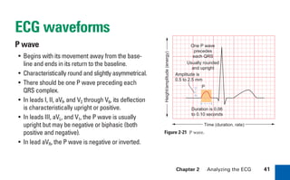 Chapter 2 Analyzing the ECG 41
ECG waveforms
P wave
• Begins with its movement away from the base-
line and ends in its return to the baseline.
• Characteristically round and slightly asymmetrical.
• There should be one P wave preceding each
QRS complex.
• In leads I, II, aVF, and V2 through V6, its deflection
is characteristically upright or positive.
• In leads III, aVL, and V1, the P wave is usually
upright but may be negative or biphasic (both
positive and negative).
• In lead aVR, the P wave is negative or inverted.
Figure 2-21 P wave.
Duration is 0.06
to 0.10 seconds
Amplitude is
0.5 to 2.5 mm
P
Usually rounded
and upright
One P wave
precedes
each QRS
Time (duration, rate)
Height/amplitude
(energy)
sha19766_cp02.indd 41
sha19766_cp02.indd 41 7/24/06 1:48:24 PM
7/24/06 1:48:24 PM
 