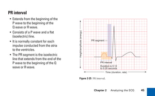 Chapter 2 Analyzing the ECG 45
PR interval
• Extends from the beginning of the
P wave to the beginning of the
Q wave or R wave.
• Consists of a P wave and a flat
(isoelectric) line.
• It is normally constant for each
impulse conducted from the atria
to the ventricles.
• The PR segment is the isoelectric
line that extends from the end of the
P wave to the beginning of the Q
wave or R wave.
Figure 2-25 PR interval.
Time (duration, rate)
PR interval
Duration is 0.12
to 0.20 seconds
PR segment
Height/amplitude
(energy)
sha19766_cp02.indd 45
sha19766_cp02.indd 45 7/24/06 1:48:24 PM
7/24/06 1:48:24 PM
 