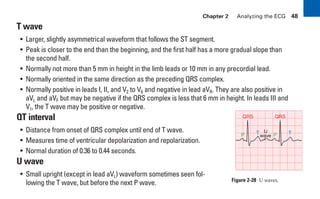 Chapter 2 Analyzing the ECG 48
T wave
• Larger, slightly asymmetrical waveform that follows the ST segment.
• Peak is closer to the end than the beginning, and the first half has a more gradual slope than
the second half.
• Normally not more than 5 mm in height in the limb leads or 10 mm in any precordial lead.
• Normally oriented in the same direction as the preceding QRS complex.
• Normally positive in leads I, II, and V2 to V6 and negative in lead aVR. They are also positive in
aVL and aVF but may be negative if the QRS complex is less that 6 mm in height. In leads III and
V1, the T wave may be positive or negative.
QT interval
• Distance from onset of QRS complex until end of T wave.
• Measures time of ventricular depolarization and repolarization.
• Normal duration of 0.36 to 0.44 seconds.
U wave
• Small upright (except in lead aVL) waveform sometimes seen fol-
lowing the T wave, but before the next P wave. Figure 2-28 U waves.
QRS
P P
T T
QRS
U
wave
sha19766_cp02.indd 48
sha19766_cp02.indd 48 7/24/06 1:48:24 PM
7/24/06 1:48:24 PM
 
