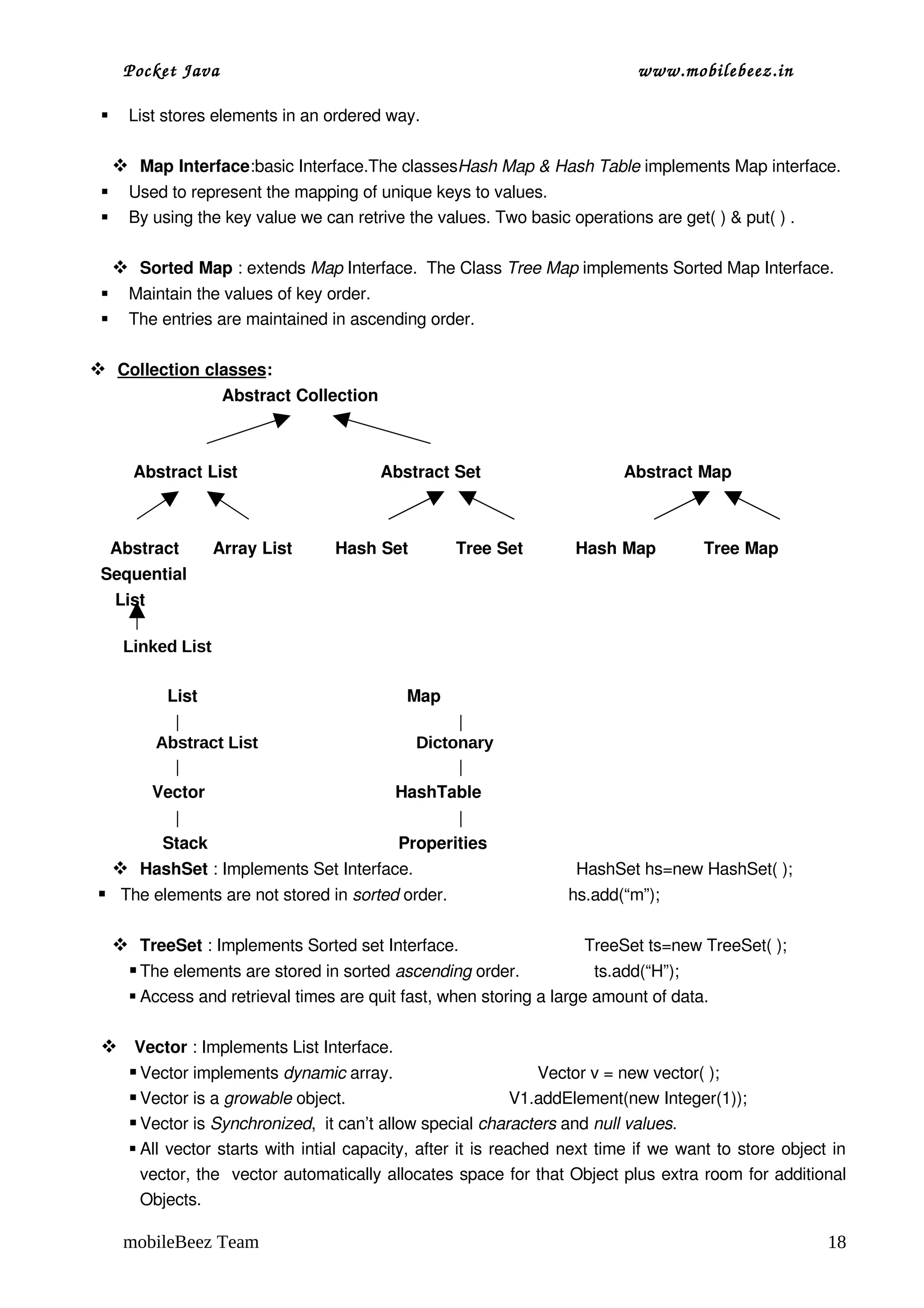 Pocket Java                                                                        www.mobilebeez.in  

      List stores elements in an ordered way.

      Map Interface:basic Interface.The classesHash Map & Hash Table implements Map interface.
      Used to represent the mapping of unique keys to values.
      By using the key value we can retrive the values. Two basic operations are get( ) & put( ) .

      Sorted Map : extends Map Interface.  The Class Tree Map implements Sorted Map Interface.
      Maintain the values of key order.
      The entries are maintained in ascending order.

  
  Collection classes
                    :
                           Abstract Collection



        Abstract List                              Abstract Set                              Abstract Map



   Abstract       Array List         Hash Set          Tree Set           Hash Map          Tree Map
 Sequential     
    List

      Linked List

               List                                            Map
                 |                                                   |
             Abstract List                                      Dictonary
                 |                                                   |
            Vector                                        HashTable
                 |                                                |
              Stack                                        Properities
      HashSet : Implements Set Interface.                                   HashSet hs=new HashSet( );
 The elements are not stored in sorted order.                          hs.add(“m”);

      TreeSet : Implements Sorted set Interface.                           TreeSet ts=new TreeSet( );
       The elements are stored in sorted ascending order.                ts.add(“H”); 
        Access and retrieval times are quit fast, when storing a large amount of data.

  Vector : Implements List Interface.
    Vector implements dynamic array.                               Vector v = new vector( );
    Vector is a growable object.                                   V1.addElement(new Integer(1));
    Vector is Synchronized,  it can’t allow special characters and null values.
        All vector starts with intial capacity, after it is reached next time if we want to store object in 
         vector, the  vector automatically allocates space for that Object plus extra room for additional 
         Objects.

      mobileBeez Team                                                                                          18
 