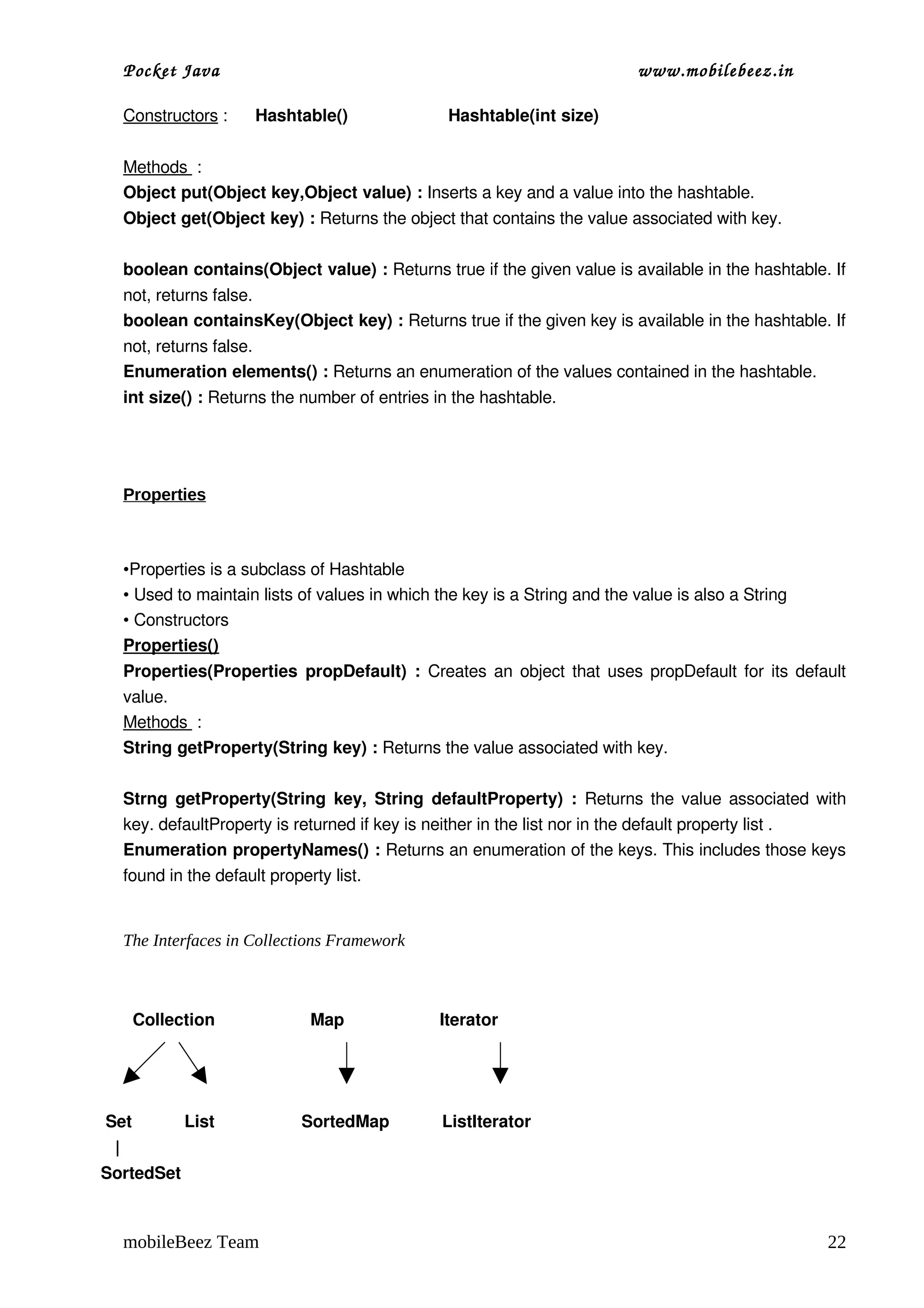 Pocket Java                                                               www.mobilebeez.in  

       Constructors :      Hashtable()                     Hashtable(int size)


       Methods  : 
       Object put(Object key,Object value) : Inserts a key and a value into the hashtable.
       Object get(Object key) : Returns the object that contains the value associated with key.

       boolean contains(Object value) : Returns true if the given value is available in the hashtable. If 
       not, returns false.
       boolean containsKey(Object key) : Returns true if the given key is available in the hashtable. If 
       not, returns false.
       Enumeration elements() : Returns an enumeration of the values contained in the hashtable.
       int size() : Returns the number of entries in the hashtable.




       Properties



       •Properties is a subclass of Hashtable
       • Used to maintain lists of values in which the key is a String and the value is also a String
       • Constructors
       Properties()
       Properties(Properties propDefault)  :  Creates an object that uses propDefault for its default 
       value.
       Methods  :
       String getProperty(String key) : Returns the value associated with key.

       Strng getProperty(String key,  String defaultProperty)  :  Returns the value associated with 
       key. defaultProperty is returned if key is neither in the list nor in the default property list .
       Enumeration propertyNames() : Returns an enumeration of the keys. This includes those keys 
       found in the default property list.


       The Interfaces in Collections Framework



         Collection                    Map                    Iterator




 Set           List                    SortedMap           ListIterator
   |
SortedSet



       mobileBeez Team                                                                                  22
 