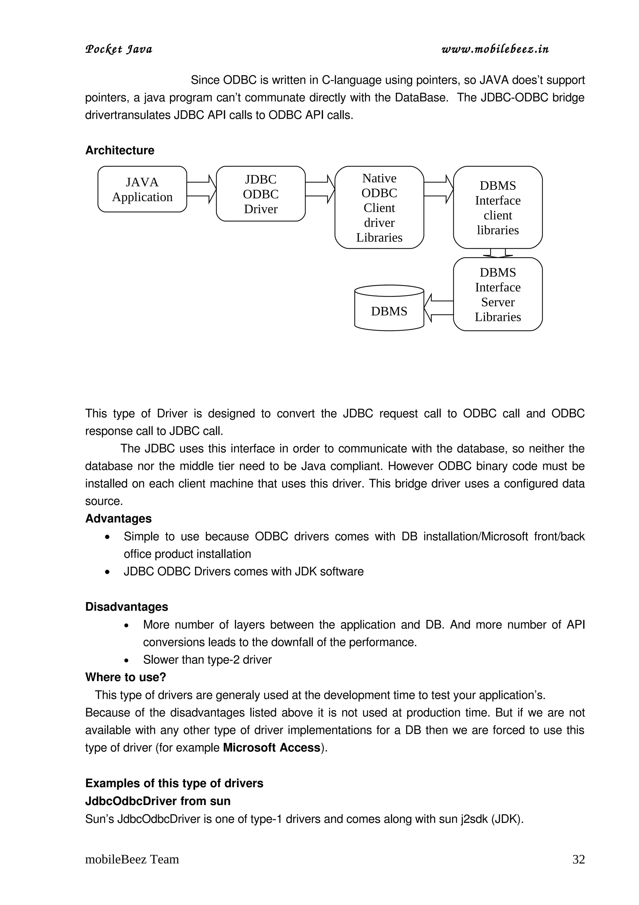Pocket Java                                                                         www.mobilebeez.in  

                              Since ODBC is written in C­language using pointers, so JAVA does’t support 
pointers, a java program can’t communate directly with the DataBase.  The JDBC­ODBC bridge 
drivertransulates JDBC API calls to ODBC API calls.

Architecture

          JAVA                       JDBC                        Native
                                                                                             DBMS
        Application                  ODBC                        ODBC
                                                                                            Interface
                                     Driver                      Client
                                                                                              client
                                                                 driver
                                                                                            libraries
                                                                Libraries

                                                                                             DBMS
                                                                                            Interface
                                                                                             Server
                                                                   DBMS                     Libraries




This   type   of   Driver   is   designed   to   convert   the   JDBC   request   call   to   ODBC   call   and   ODBC 
response call to JDBC call.
         The JDBC uses this interface in order to communicate with the database, so neither the 
database nor the middle tier need to be Java compliant. However ODBC binary code must be 
installed on each client machine that uses this driver. This bridge driver uses a configured data 
source.
Advantages
    •     Simple  to  use   because  ODBC   drivers   comes   with  DB  installation/Microsoft   front/back 
          office product installation
    •     JDBC ODBC Drivers comes with JDK software

Disadvantages
          More number of layers between the application and DB. And more number of API 
          •
          conversions leads to the downfall of the performance.
      • Slower than type­2 driver
Where to use?
   This type of drivers are generaly used at the development time to test your application’s.
Because of the disadvantages listed above it is not used at production time. But if we are not 
available with any other type of driver implementations for a DB then we are forced to use this 
type of driver (for example Microsoft Access).


Examples of this type of drivers
JdbcOdbcDriver from sun
Sun’s JdbcOdbcDriver is one of type­1 drivers and comes along with sun j2sdk (JDK).


mobileBeez Team                                                                                                    32
 