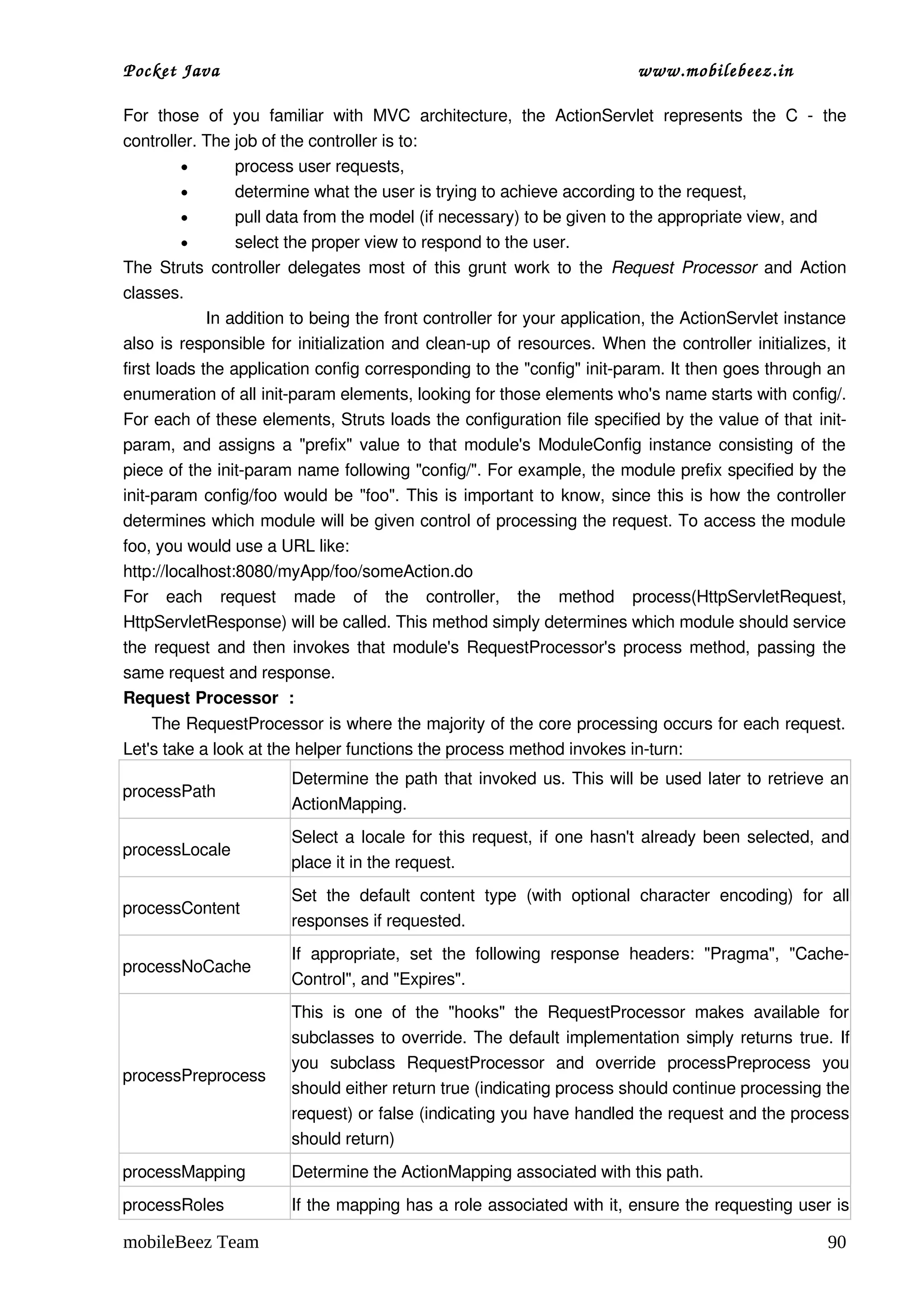 Pocket Java                                                                        www.mobilebeez.in  

For   those   of   you   familiar   with   MVC   architecture,   the   ActionServlet   represents   the   C   ­   the 
controller. The job of the controller is to: 
          •        process user requests, 
          •        determine what the user is trying to achieve according to the request, 
          •        pull data from the model (if necessary) to be given to the appropriate view, and 
          •        select the proper view to respond to the user. 
The Struts controller delegates most of this grunt work to the  Request Processor  and Action 
classes.
               In addition to being the front controller for your application, the ActionServlet instance 
also is responsible for initialization and clean­up of resources. When the controller initializes, it 
first loads the application config corresponding to the "config" init­param. It then goes through an 
enumeration of all init­param elements, looking for those elements who's name starts with config/. 
For each of these elements, Struts loads the configuration file specified by the value of that init­
param, and assigns a "prefix" value to that module's ModuleConfig instance consisting of the 
piece of the init­param name following "config/". For example, the module prefix specified by the 
init­param config/foo  would be "foo". This is important to know, since this is how the controller 
determines which module will be given control of processing the request. To access the module 
foo, you would use a URL like: 
http://localhost:8080/myApp/foo/someAction.do
For   each   request   made   of   the   controller,   the   method  process(HttpServletRequest, 
HttpServletResponse) will be called. This method simply determines which module should service 
the request and then invokes that module's RequestProcessor's process method, passing the 
same request and response. 
Request Processor  :   
     The RequestProcessor is where the majority of the core processing occurs for each request. 
Let's take a look at the helper functions the process method invokes in­turn:
                           Determine the path that invoked us. This will be used later to retrieve an 
processPath 
                           ActionMapping. 
                           Select a locale for this request, if one hasn't already been selected, and 
processLocale 
                           place it in the request. 
                           Set   the   default   content   type   (with   optional   character   encoding)   for   all 
processContent 
                           responses if requested. 
                           If   appropriate,   set   the   following   response   headers:   "Pragma",   "Cache­
processNoCache 
                           Control", and "Expires". 
                           This   is   one   of   the   "hooks"   the   RequestProcessor   makes   available   for 
                           subclasses to override. The default implementation simply returns  true. If 
                           you   subclass   RequestProcessor   and   override   processPreprocess   you 
processPreprocess 
                           should either return true (indicating process should continue processing the 
                           request) or false (indicating you have handled the request and the process 
                           should return) 
processMapping             Determine the ActionMapping associated with this path. 
processRoles               If the mapping has a role associated with it, ensure the requesting user is 

mobileBeez Team                                                                                                   90
 