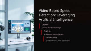 Video-Based Speed
Detection: Leveraging
Artificial Intelligence
Capture
Cameras record video footage.
Analysis
AI algorithms process the data.
Identification
Speed and license plates are identified.
 
