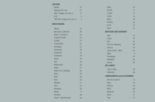 SISTEMS
  Infinity                       23     Tatoo                   34
  Melting Chic Line              27     Tor-Off                 31
  ONE: il bagno che non c’è      11     T.Tower                 13
  ELLE                            5     Vision                  16
  TWO-QB, il bagno che non c’è    7     Wing                    49
                                        X-Treme                 45
WASH-BASINS
                                        Yo-Yo                   32
  Albeus                         47     Yume                    21
  Barcelona Collection           39   BATHTUBS AND SHOWERS
  Bouro 1 & Bouro 2              43    Arne                     15
  Coup De Foudre                 53    Cobra                    43
  Euclide                        57    Ima                      61
  Grand Kanal                    44    Kea Free-Standing        59
  Handaqua                       52    Lavasca                  64
  Handscale                      18    Lavasca Mini - Black     62
  Handstone                      55    Ofurò                     9
  Handwater                      19    Pianolegno               67
  Kanal                          44    Piattobase               66
  Kea                            35    Pluviae                  65
  Montecatini                    58   WC & BIDET
  Mylos                          37
                                        John & Mary             69
  Mylos Free-Standing            36
                                        Wellcome                68
  Nami                           20
  Nido                           46   COMPLEMENTS and ACCESSORIES
  Nost                           54     Arne Accessoires        14
  Olimpia                        51     Basic                   70
  Orca                           33     Internos                65
  Pamplona                       50     Mimi                    60
  Panda                          17     Moments                 34
  Positano                       48     Stool                   73
  Starck - Lola Herzburg         56     Vista                   71
 