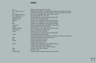7)8



Ofurò                        Wallpaper Design Awards 2010 - Best Bath
One “Il bagno che non c’è”   Good Design Award 2009, The Chicago Athenaeum Museum of Architecture and Design
Arne                         Good Design Award 2009, The Chicago Athenaeum Museum of Architecture and Design
One “Il bagno che non c’è”   BoY, Best of the year award 2009 - Interior Design - New York
One “Il bagno che non c’è”   Editors Awards 2009 (ICFF - New York)
Lavasca Mini Black           Permanent Collection @ Museum Art of Philadelphia 2009
Melting Chic Line            BoY, Best of the year award 2007(USA)
Wellcome                     Compasso d’Oro, Segnalazione d’Onore 2003 (ADI, Milano)
Kea                          Compasso d’Oro, Segnalazione d’Onore 2003 (ADI, Milano)
Baby                         Compasso d’Oro, Segnalazione d’Onore 2003 (ADI, Milano)
Lavasca mini                 Woman’s Day Specials Awards 2004 (KBIS), Chicago 2004
Lavasca                      IX Premios AEDP de Diseño, Madrid 2004
Barcelona collection         VI Prix d’Excellence La casa Marie Caire 2003, Madrid 2003
Shower system                2002 iF International Forum Design label
Lavasca                      Design Plus 2001 (ISH, Francoforte)
                             V Prix d’Excellence La casa Marie Caire 2001, Madrid 2001
X-Treme                      Kitchen and Bath Show 2001 (Orlando)
                             Good Design Award 1999 (Chicago Atheneum, USA Museum of Architecture and Design)
Ninfo                        International Furniture Design Competition, Valencia
Nido                         Design Plus 1999 (ISH, Francoforte)
Positano                     Design Plus 1999 (ISH Francoforte)
                             IF Design Product Award ‘Top 10’
Albeus                       Compasso d’Oro, Segnalazione d’Onore 1998 (ADI, Milano)
                             IF Design Product Award 1999 (IF Hannover)
                             IF Design Product Award ‘Top 10’ 1999 (IF Hannover)
Wing                         Compasso d’Oro 1998 (ADI, Milano).
Trieste                      Design Plus, 1996
Contract Design              menzione speciale International Design Award, Genova 2002




                                                                                                                77
 