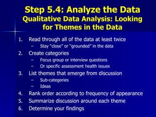 Step 5.4: Analyze the Data Qualitative Data Analysis: Looking for Themes in the Data Read through all of the data at least twice Stay “close” or “grounded” in the data Create categories Focus group or interview questions Or specific assessment health issues  List themes that emerge from discussion Sub-categories Ideas Rank order according to frequency of appearance Summarize discussion around each theme Determine your findings 