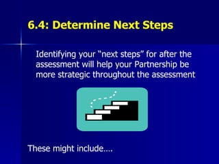 6.4: Determine Next Steps Identifying your “next steps” for after the assessment will help your Partnership be more strategic throughout the assessment These might include…. 