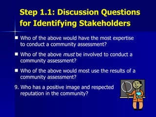 Step 1.1: Discussion Questions for Identifying Stakeholders   Who of the above would have the most expertise to conduct a community assessment? Who of the above  must  be involved to conduct a community assessment? Who of the above would most use the results of a community assessment? 9. Who has a positive image and respected  reputation in the community? 