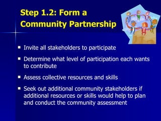 Step 1.2: Form a  Community Partnership   Invite all stakeholders to participate Determine what level of participation each wants to contribute Assess collective resources and skills Seek out additional community stakeholders if additional resources or skills would help to plan and conduct the community assessment 