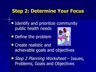 Step 2: Determine Your Focus Identify and prioritize community  public health needs Define the problem Create realistic and  achievable goals and objectives Step 2 Planning Worksheet  – Issues, Problems, Goals and Objectives 