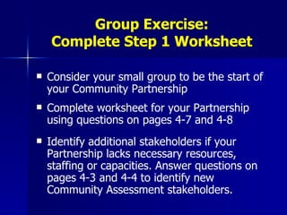Group Exercise: Complete Step 1 Worksheet Consider your small group to be the start of your Community Partnership Complete worksheet for your Partnership using questions on pages 4-7 and 4-8 Identify additional stakeholders if your Partnership lacks necessary resources, staffing or capacities. Answer questions on pages 4-3 and 4-4 to identify new Community Assessment stakeholders. 