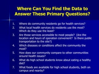 Where Can You Find the Data to Answer These Primary Questions? Where do community residents go for health services?  What local health services do residents use the most?  Which do they use the least?  Are those services accessible to most people?  (Are the location and hours of operation convenient?  Is there public transportation to the site?)  Which diseases or conditions affect the community the most?  How does our community compare to other communities around health issues? What do high school students know about eating a healthy diet? What foods are available for high school students, both on campus and nearby?  