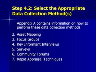 Step 4.2: Select the Appropriate Data Collection Method(s) Appendix A contains information on how to perform these data collection methods: Asset Mapping Focus Groups Key Informant Interviews Surveys Community Forums Rapid Appraisal Techniques 