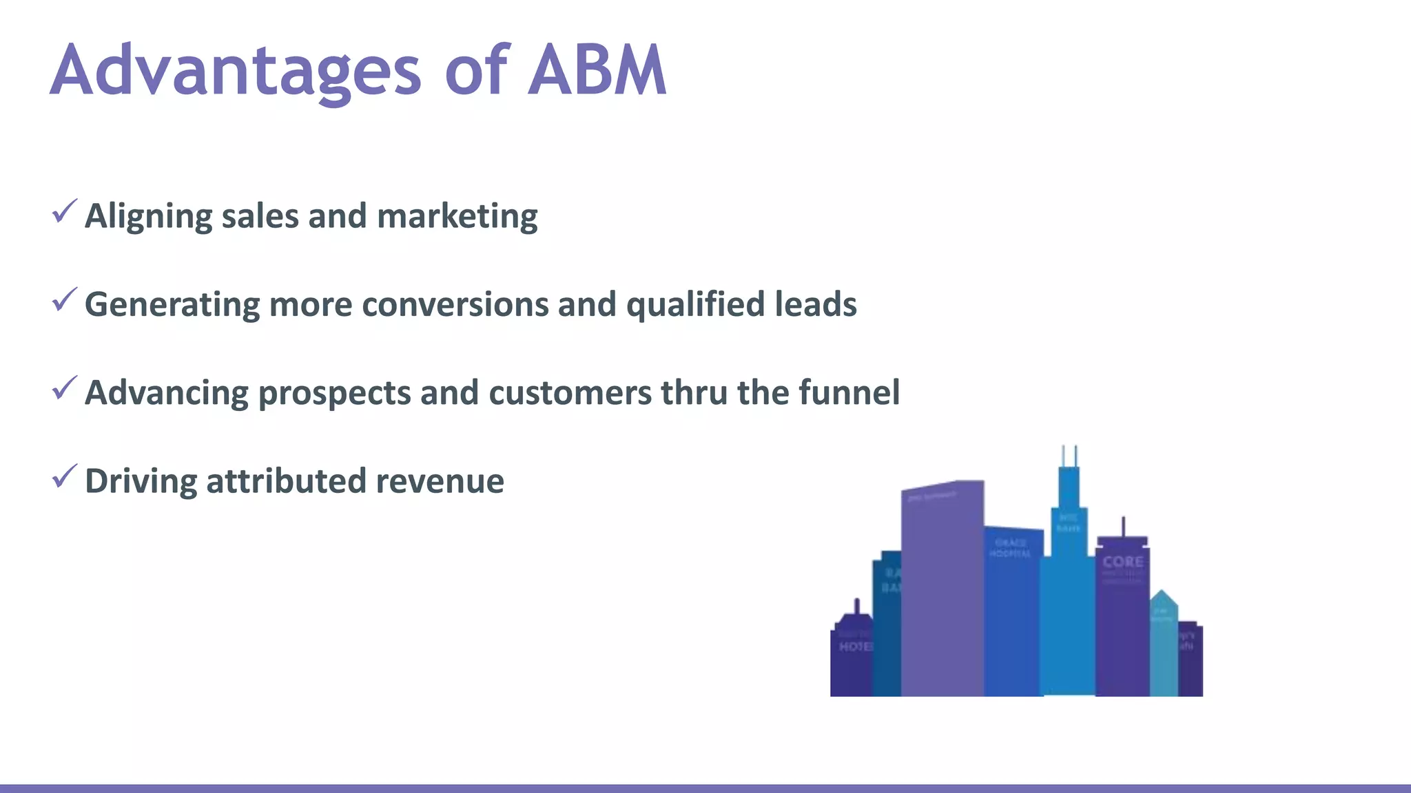 Aligning sales and marketing
Generating more conversions and qualified leads
Advancing prospects and customers thru the funnel
Driving attributed revenue
Advantages of ABM
 