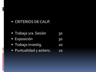 CRITERIOS DE CALIF.Trabajo 1ra. Sesión 		30Exposición			30Trabajo investig.		20Puntualidad y asitenc.	20