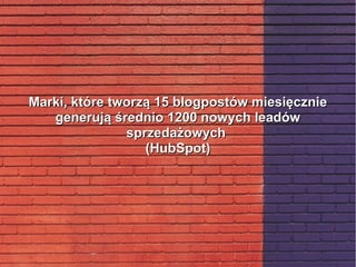 Marki, które tworzą 15 blogpostów miesięcznieMarki, które tworzą 15 blogpostów miesięcznie
generują średnio 1200 nowych leadówgenerują średnio 1200 nowych leadów
sprzedażowychsprzedażowych
(HubSpot)(HubSpot)
 