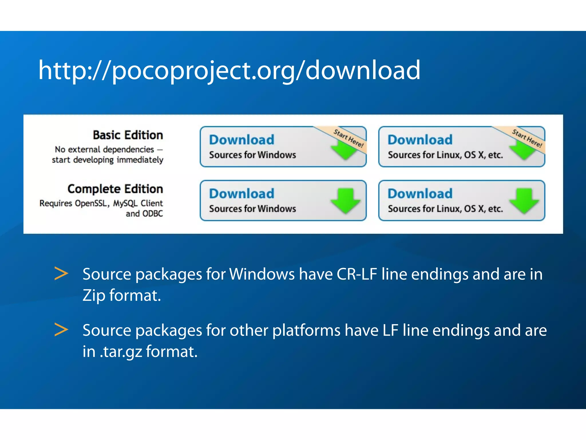 http://pocoproject.org/download




 >   Source packages for Windows have CR-LF line endings and are in
     Zip format.

 >   Source packages for other platforms have LF line endings and are
     in .tar.gz format.
 