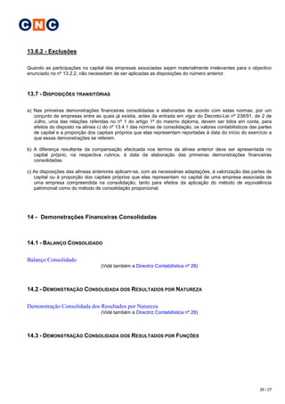 C N C

13.6.2 - Exclusões

Quando as participações no capital das empresas associadas sejam materialmente irrelevantes para o objectivo
enunciado no nº 13.2.2, não necessitam de ser aplicadas as disposições do número anterior.



13.7 - DISPOSIÇÕES TRANSITÓRIAS

a) Nas primeiras demonstrações financeiras consolidadas e elaboradas de acordo com estas normas, por um
   conjunto de empresas entre as quais já existia, antes da entrada em vigor do Decreto-Lei nº 238/91, de 2 de
   Julho, uma das relações referidas no nº 1 do artigo 1º do mesmo diploma, devem ser tidos em conta, para
   efeitos do disposto na alínea c) do nº 13.4.1 das normas de consolidação, os valores contabilísticos das partes
   de capital e a proporção dos capitais próprios que elas representam reportadas à data do início do exercício a
   que essas demonstrações se referem.

b) A diferença resultante da compensação efectuada nos termos da alínea anterior deve ser apresentada no
   capital próprio, na respectiva rubrica, à data da elaboração das primeiras demonstrações financeiras
   consolidadas.

c) As disposições das alíneas anteriores aplicam-se, com as necessárias adaptações, à valorização das partes de
   capital ou à proporção dos capitais próprios que elas representam no capital de uma empresa associada de
   uma empresa compreendida na consolidação, tanto para efeitos da aplicação do método de equivalência
   patrimonial como do método de consolidação proporcional.




14 - Demonstrações Financeiras Consolidadas



14.1 - BALANÇO CONSOLIDADO

Balanço Consolidado
                                  (Vidé também a Directriz Contabilística nº 28)



14.2 - DEMONSTRAÇÃO CONSOLIDADA DOS RESULTADOS POR NATUREZA

Demonstração Consolidada dos Resultados por Natureza
                                  (Vidé também a Directriz Contabilística nº 28)



14.3 - DEMONSTRAÇÃO CONSOLIDADA DOS RESULTADOS POR FUNÇÕES




                                                                                                            26 / 27
 
