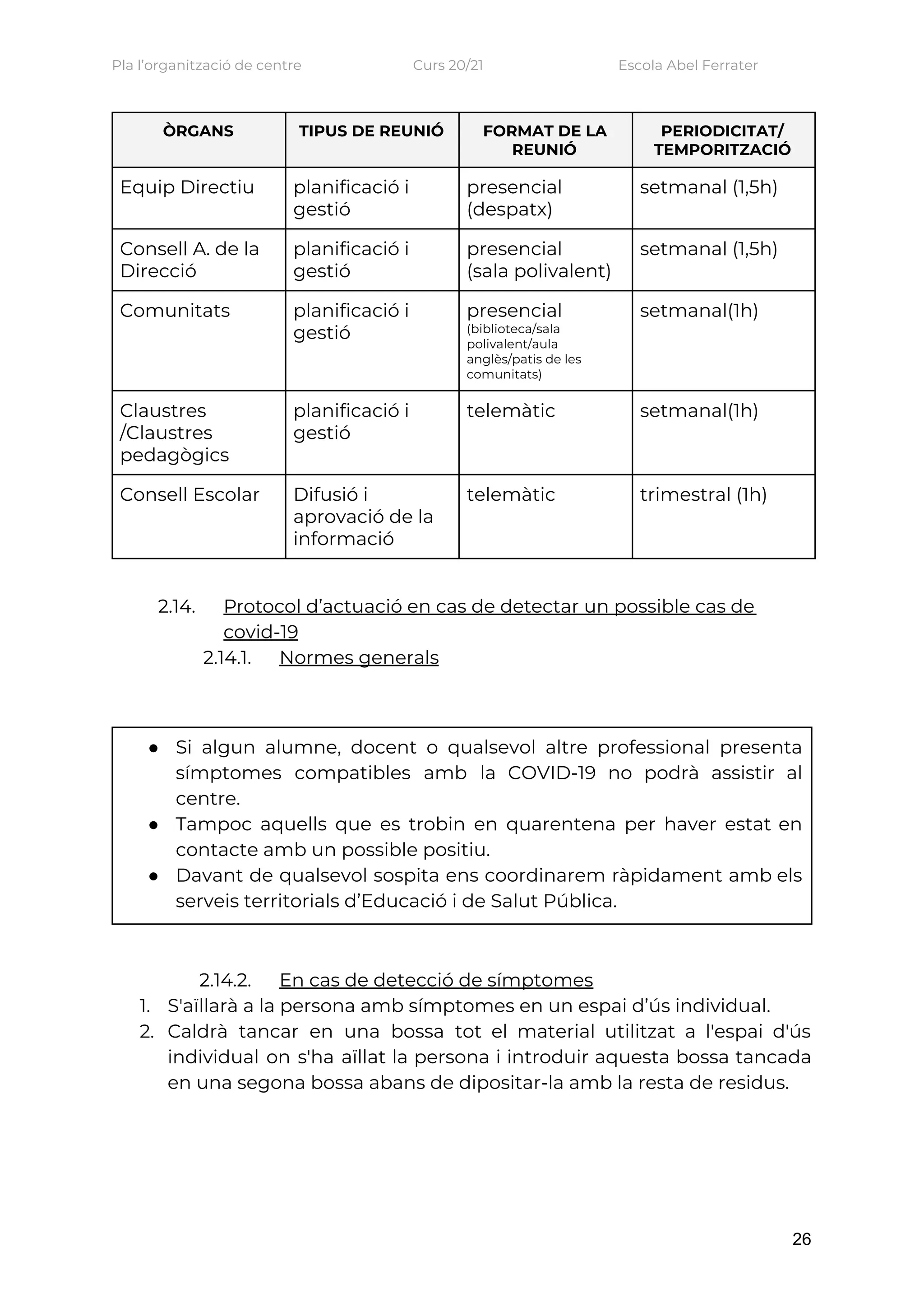 Pla l’organització de centre    Curs 20/21    Escola Abel Ferrater 
ÒRGANS  TIPUS DE REUNIÓ  FORMAT DE LA 
REUNIÓ 
PERIODICITAT/ 
TEMPORITZACIÓ 
Equip Directiu  planificació i 
gestió 
presencial 
(despatx) 
setmanal (1,5h) 
Consell A. de la 
Direcció 
planificació i 
gestió 
presencial 
(sala polivalent) 
setmanal (1,5h) 
Comunitats  planificació i 
gestió 
presencial 
(biblioteca/sala 
polivalent/aula 
anglès/patis de les 
comunitats) 
setmanal(1h) 
Claustres 
/Claustres 
pedagògics 
planificació i 
gestió 
telemàtic  setmanal(1h) 
Consell Escolar  Difusió i 
aprovació de la 
informació 
telemàtic  trimestral (1h) 
 
2.14. Protocol d’actuació en cas de detectar un possible cas de 
covid-19 
2.14.1. Normes generals 
 
● Si algun alumne, docent o qualsevol altre professional presenta                 
símptomes compatibles amb la COVID-19 no podrà assistir al                 
centre. 
● Tampoc aquells que es trobin en quarentena per haver estat en                     
contacte amb un possible positiu. 
● Davant de qualsevol sospita ens coordinarem ràpidament amb els                 
serveis territorials d’Educació i de Salut Pública. 
 
2.14.2. En cas de detecció de símptomes 
1. S'aïllarà a la persona amb símptomes en un espai d’ús individual.  
2. Caldrà tancar en una bossa tot el material utilitzat a l'espai d'ús                       
individual on s'ha aïllat la persona i introduir aquesta bossa tancada                     
en una segona bossa abans de dipositar-la amb la resta de residus. 
 
26
 