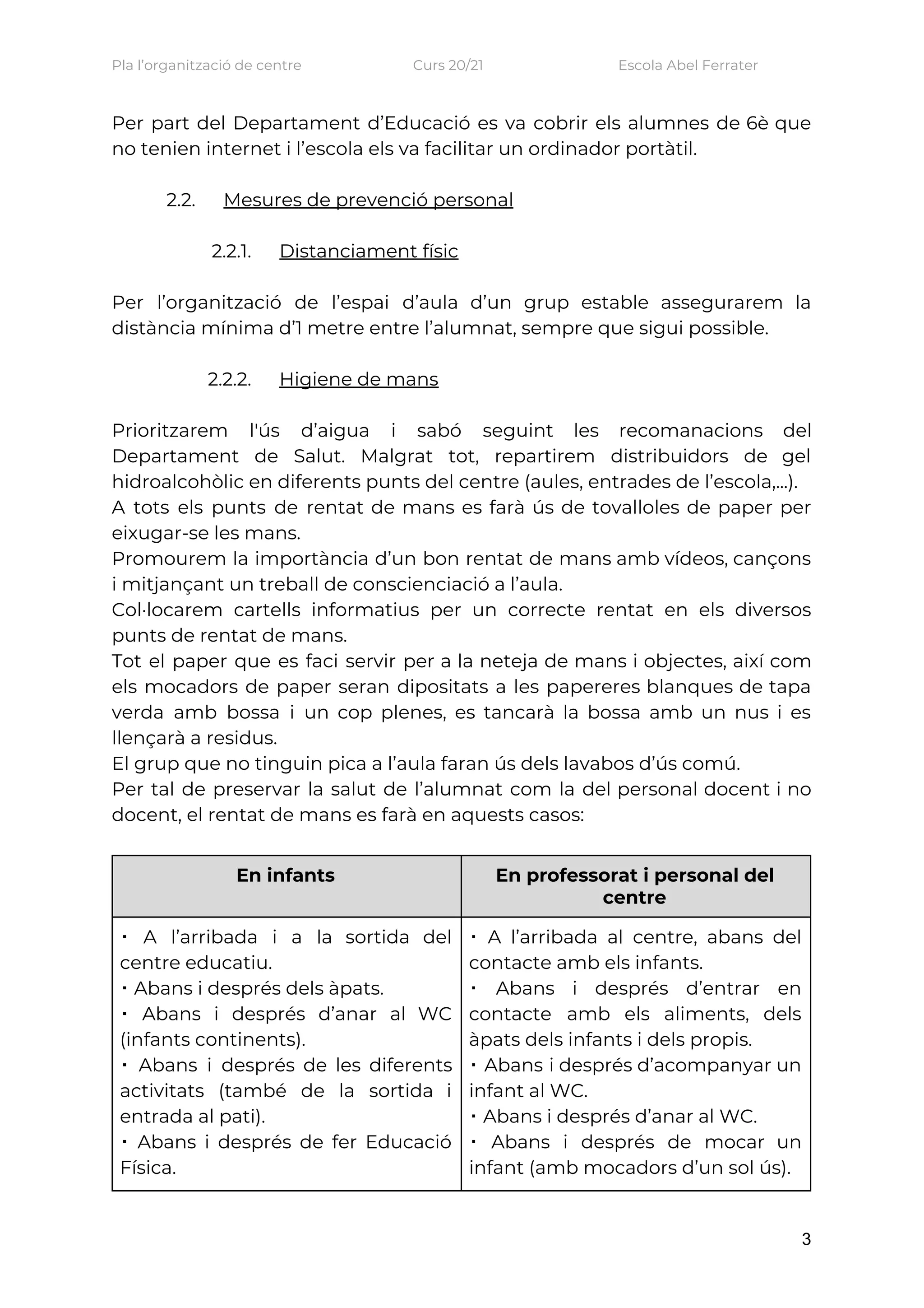 Pla l’organització de centre    Curs 20/21    Escola Abel Ferrater 
Per part del Departament d’Educació es va cobrir els alumnes de 6è que                         
no tenien internet i l’escola els va facilitar un ordinador portàtil. 
 
2.2. Mesures de prevenció personal 
 
2.2.1. Distanciament físic 
 
Per l’organització de l’espai d’aula d’un grup estable assegurarem la                   
distància​ mínima d’1 metre entre l’alumnat, sempre que sigui possible.  
 
2.2.2. Higiene de mans 
 
Prioritzarem l'ús d’aigua i sabó seguint les recomanacions del                 
Departament de Salut. Malgrat tot, repartirem distribuidors de gel                 
hidroalcohòlic en diferents punts del centre (aules, entrades de l’escola,...). 
A tots els punts de rentat de mans es farà ús de tovalloles de paper per                               
eixugar-se les mans. 
Promourem la importància d’un bon rentat de mans amb vídeos, cançons                     
i mitjançant un treball de conscienciació a l’aula.  
Col·locarem cartells informatius per un correcte rentat en els diversos                   
punts de rentat de mans. 
Tot el paper que es faci servir per a la neteja de mans i objectes, així com                                 
els mocadors de paper seran dipositats a les papereres blanques de tapa                       
verda amb bossa i un cop plenes, es tancarà la bossa amb un nus i es                               
llençarà a residus. 
El grup que no tinguin pica a l’aula faran ús dels lavabos d’ús comú. 
Per tal de preservar la salut de l’alumnat com la del personal docent i no                             
docent, el rentat de mans es farà en aquests casos:  
 
En infants  En professorat i personal del 
centre 
▪ A l’arribada i a la sortida del               
centre educatiu. 
▪ Abans i després dels àpats. 
▪ Abans i després d’anar al WC             
(infants continents). 
▪ Abans i després de les diferents             
activitats (també de la sortida i           
entrada al pati). 
▪ Abans i després de fer Educació             
Física. 
▪ A l’arribada al centre, abans del             
contacte amb els infants. 
▪ Abans i després d’entrar en           
contacte amb els aliments, dels         
àpats dels infants i dels propis. 
▪ Abans i després d’acompanyar un           
infant al WC. 
▪ Abans i després d’anar al WC. 
▪ Abans i després de mocar un             
infant (amb mocadors d’un sol ús). 
3
 