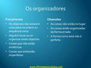 Os organizadoresPrecipitantesOs objectos não estarem colocados na ordem ou sequência certaAlguém tocar ou re-organizar esses objectosCoisas que não estão simétricasCoisas que estão/são imperfeitasObsessõesAs coisas não estão no lugarAs coisas estão organizadas da forma erradaA forma como está não é perfeitawww.oficinadepsicologia.com