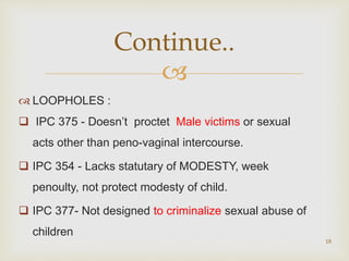 
 LOOPHOLES :
 IPC 375 - Doesn’t proctet Male victims or sexual
acts other than peno-vaginal intercourse.
 IPC 354 - Lacks statutary of MODESTY, week
penoulty, not protect modesty of child.
 IPC 377- Not designed to criminalize sexual abuse of
children
18
Continue..
 