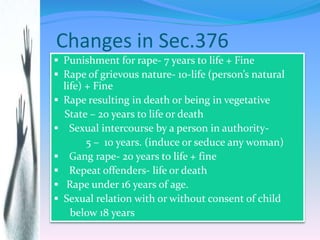 Changes Indian Evidence Act
and POCSO
 Evidence of character or previous sexual
experience not relevant in cases.
 Presu...