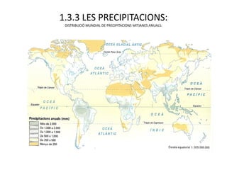 1.3.3 LES PRECIPITACIONS:
 DISTRIBUCIÓ MUNDIAL DE PRECIPITACIONS MITJANES ANUALS:
 
