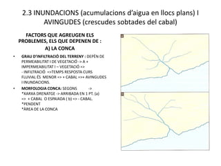 2.3 INUNDACIONS (acumulacions d’aigua en llocs plans) I
            AVINGUDES (crescudes sobtades del cabal)
      FACTORS QUE AGREUGEN ELS
    PROBLEMES, ELS QUE DEPENEN DE :
            A) LA CONCA
•    GRAU D’INFILTRACIÓ DEL TERRENY : DEPÈN DE
     PERMEABILITAT I DE VEGETACIÓ -> A +
     IMPERMEABILITAT I – VEGETACIÓ =>
     - INFILTRACIÓ =>TEMPS RESPOSTA CURS
     FLUVIAL ÉS MENOR => + CABAL =>+ AVINGUDES
     I INUNDACIONS.
•    MORFOLOGIA CONCA: SEGONS            ->
     *XARXA DRENATGE -> ARRIBADA EN 1 PT. (a)
     => + CABAL O ESPAIADA ( b) => - CABAL.
     *PENDENT
     *ÀREA DE LA CONCA
 