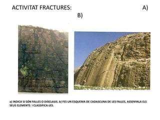ACTIVITAT FRACTURES:                                                                        A)
                                               B)




a) INDICA SI SÓN FALLES O DIÀCLASIS. b) FES UN ESQUEMA DE CADASCUNA DE LES FALLES, ASSENYALA ELS
SEUS ELEMENTS I CLASSIFICA-LES.
 
