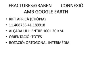 FRACTURES:GRABEN   CONNEXIÓ
          AMB GOOGLE EARTH
•   RIFT AFRICÀ (ETIÒPIA)
•   11.408736 41.189918
•   ALÇADA ULL: ENTRE 100 I 20 KM.
•   ORIENTACIÓ: TOTES
•   ROTACIÓ: ORTOGONAL INTERMÈDIA
 