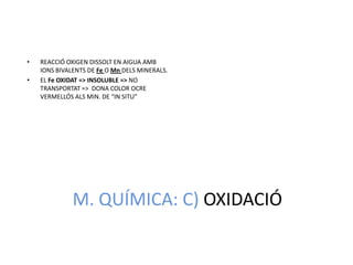 •   REACCIÓ OXIGEN DISSOLT EN AIGUA AMB
    IONS BIVALENTS DE Fe O Mn DELS MINERALS.
•   EL Fe OXIDAT => INSOLUBLE => NO
    TRANSPORTAT => DONA COLOR OCRE
    VERMELLÓS ALS MIN. DE “IN SITU”




              M. QUÍMICA: C) OXIDACIÓ
 