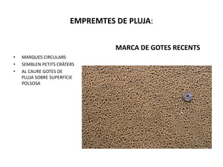 EMPREMTES DE PLUJA:


                                  MARCA DE GOTES RECENTS
•   MARQUES CIRCULARS
•   SEMBLEN PETITS CRÀTERS
•   AL CAURE GOTES DE
    PLUJA SOBRE SUPERFÍCIE
    POLSOSA
 