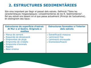 2. ESTRUCTURES SEDIMENTÀRIES
Són eina important per llegir el passat dels estrats. Definició:”Totes les
característiques megascòpiques i sinsedimentàries de les R. Sedimentàries”.
Pel seu estudi ens basem en el que passa actualment (Principi de l’actualisme).
En distingirem dos tipus:


    Estructures de superfície d’estrat:       Estructures formades a l’interior
      Al Mur o al Sostre. Originals o                   dels estrats
                  motlles
•   Marca de corrent                      •   Estratificació massiva
•   Esquerda de dessecació                •   Laminació fina
•   Empremtes de pluja                    •   Laminació encreuada
•   Empremta de cristalls                 •   Granoclassificació
•   Empremta d’animals
•   Ripples
•   Base erosiva
 