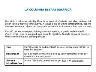 Unitat 7.
                                                                     Estratigrafia
                  LA COLUMNA ESTRATIGRÀFICA



Una sèrie o columna estratigràfica és un conjunt d’estrats que s’han sedimentat
en un lloc de manera consecutiva. A través de la columna estratigràfica, podem
observar com amb el pas del temps els ambients sedimentaris han anat variant.

L’erosió pot endur-se part del registre sedimentari, o que la sedimentació
s’interrompi i que no en quedi cap tipus de registre. Aquests casos es coneixen
com a discontinuïtats estratigràfiques:



Hiat             És l’absència de sedimentació entre el sostre d’un estrat i la
                 base del següent.
Buit erosiu      És el conjunt de materials que es van sedimentar i van ser
                 erosionats més endavant.
Llacuna          Inclou l’absència de sediments per hiat o el buit erosiu.
estratigràfica
 