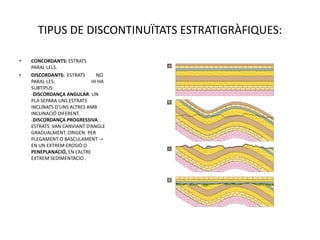 TIPUS DE DISCONTINUÏTATS ESTRATIGRÀFIQUES:

•   CONCORDANTS: ESTRATS
    PARAL·LELS.
•   DISCORDANTS: ESTRATS       NO
    PARAL·LES.               HI HA
    SUBTIPUS:
    -DISCORDANÇA ANGULAR: UN
    PLA SEPARA UNS ESTRATS
    INCLINATS D’UNS ALTRES AMB
    INCLINACIÓ DIFERENT.
    -DISCORDANÇA PROGRESSIVA:
    ESTRATS VAN CANVIANT D’ANGLE
    GRADUALMENT. ORIGEN: PER
    PLEGAMENT O BASCULAMENT ->
    EN UN EXTREM EROSIÓ O
    PENEPLANACIÓ, EN L’ALTRE
    EXTREM SEDIMENTACIÓ .
 