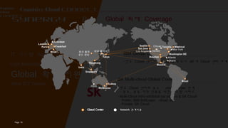 19Page
Cognitive Cloud ConnectCognitive
Cloud
Connect
Global 최대 Coverage
SK Multi-cloud Global Coverage
• 판교 Cloud 센터와 중국 cloud Center 연계
- 중국 , 중동 지역 진출을 위한 원스탑 서비스
• Multi-Cloud Infra w/Global top players & SK Cloud
- Public: IBM SoftLayer, cloud, etc.
- Private: SK Cloud
IBM Global Coverage
• 판교 Cloud 센터와 Global 20 개 도시 40 개 Cloud 센터 연계
Synergy Benefit
19Page
Cognitive
Cloud
Connect
IT 시스템 Agility 향상
Cost Reduction
Global 확장 지원
New ICT Driver
Cloud Center Network 연계지점Cloud Center Network 연계지점
Singapore
London
Paris
Milan
Frankfurt
Amsterdam
국내 클라우드
센터
중국 클라
우드 센터
India
Perth
Melbourne
Brazil
Mexico
Seattle
San Jose
Los Angeles
Houston
Denver
Miami
Atlanta
Chicag
o
Washington DC
New York
MontrealToronto
Hongkong
Tokyo
Sydney
19Page
 