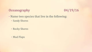 Oceanography 04/19/16
• Name two species that live in the following:
• Sandy Shores
• Rocky Shores
• Mud Flaps
 