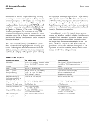6
Data Sheet
Power Systems
IBM Systems and Technology
environment, has delivered exceptional reliability, availability,
and security for business-critical applications. AIX systems are
consistently recognized for delivering the best availability of any
server platform outside the mainframe. AIX is designed to be
compliant under the Common Criteria of CAPP/EAL4+ and
has a history of receiving that certification for AIX including
certification for the Virtual I/O Server, and Workload Partitions
virtualized environments. The most recent version of AIX
includes substantial security, availability, manageability and vir-
tualization features that are designed to deliver even more capa-
bility to provide a secure, efficient platform for our clients most
demanding workloads.
IBM i is the integrated operating system for Power Systems
that is built for efficiently deploying business processing appli-
cations. IBM i integrates a trusted combination of relational
database, security, web services, networking and management
capabilities. It is a highly scalable operating system, delivering
the capability to run multiple applications on a single instance
of the operating environment. IBM i offers a virus-resistant
architecture with a proven reputation for exceptional business
resiliency. Running applications based on this platform has
helped companies over many years to focus on innovation and
delivering new value to their business, in addition to efficiently
managing their data center operations.
The Red Hat and Novell/SUSE Linux for Power operating
systems may be ordered from IBM and select Linux distributors
and include many open source applications, tools and utilities.
IBM is firmly committed to Linux and has enabled many of
the unique Power Architecture® technologies into the Linux
kernel. The Power 770 platform offers the flexibility and
performance to consolidate x86 servers running a mix of web,
application and database workloads, helping clients to better
manage growth without adding complexity.
IBM Power 770 at a glance
Configuration Options Per building block System maximum
Processors 16 x 3.8 GHz POWER7+ processor cores or 64 x 3.8 GHz POWER7+ processor cores or
12 x 4.2 GHz POWER7+ processor cores 48 x 4.2 GHz POWER7+ processor cores
Sockets Four Sixteen
Level 2 (L2) cache 256 KB L2 cache per core 256 KB L2 cache per core
Level 3 (L3) cache 10 MB L3 cache per core (eDRAM) 10 MB L3 cache per core (eDRAM)
Enterprise Memory Up to 1 TB of 1066 MHz DDR3 Up to 4 TB of 1066 MHz DDR3
Active Memory Expansion Active Memory Expansion
Integrated SAS bays for Up to six SFF SAS drive bays Up to 24 SFF SAS drive bays
Solid State Drives (SSD) or
Hard Disk Drives (HDD)
Integrated media bays One slimline for SATA DVD-RAM Four slimline for SATA DVD-RAMs
Integrated PCI adapter slots Six PCIe Gen2 slots 24 PCIe Gen2 slots
Integrated multifunction card Up to one per enclosure: Up to four per system:
●
● ●
Dual 10 Gb + Dual 1 Gb ●
● ●
Dual 10 Gb + Dual 1 Gb
Integrated SAS controllers Two SAS DASD/SSD controllers Eight SAS DASD/SSD controllers
One SATA media controller Four SATA media controllers
Other integrated ports Three USB; two HMC; two SPCN Nine USB; four HMC; four SPCN
GX slots (12X) Two Eight
 
